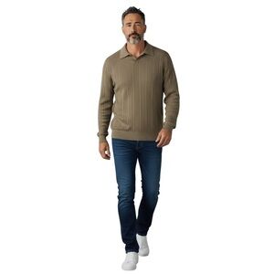 111 State Silk Cotton Polo Neck Long Sleeve Lightweight Sweater L Olive Green